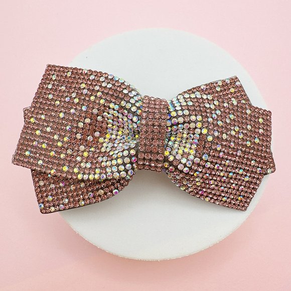 Pink Rhinestone Bow Tie Hair Barrette Medium Size - Picture 1 of 7